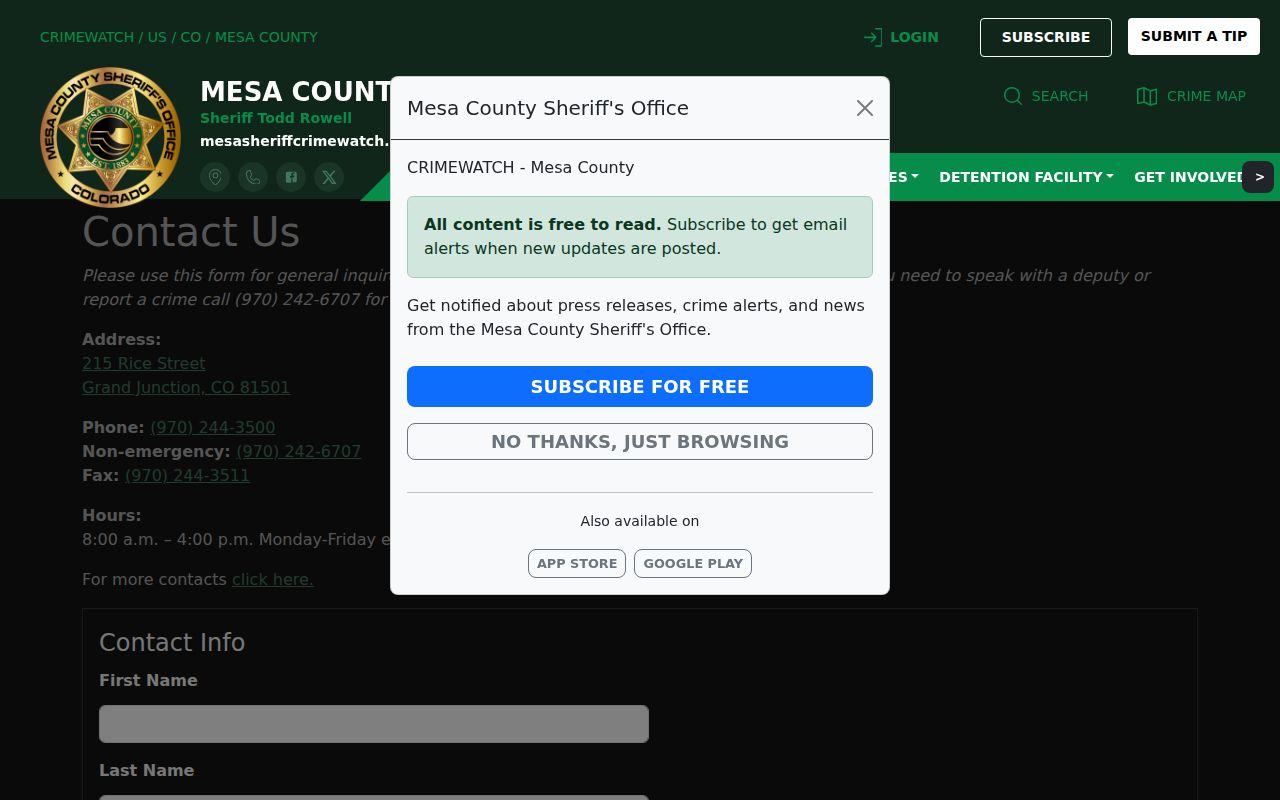 Mesa County Sheriff's Office contact page