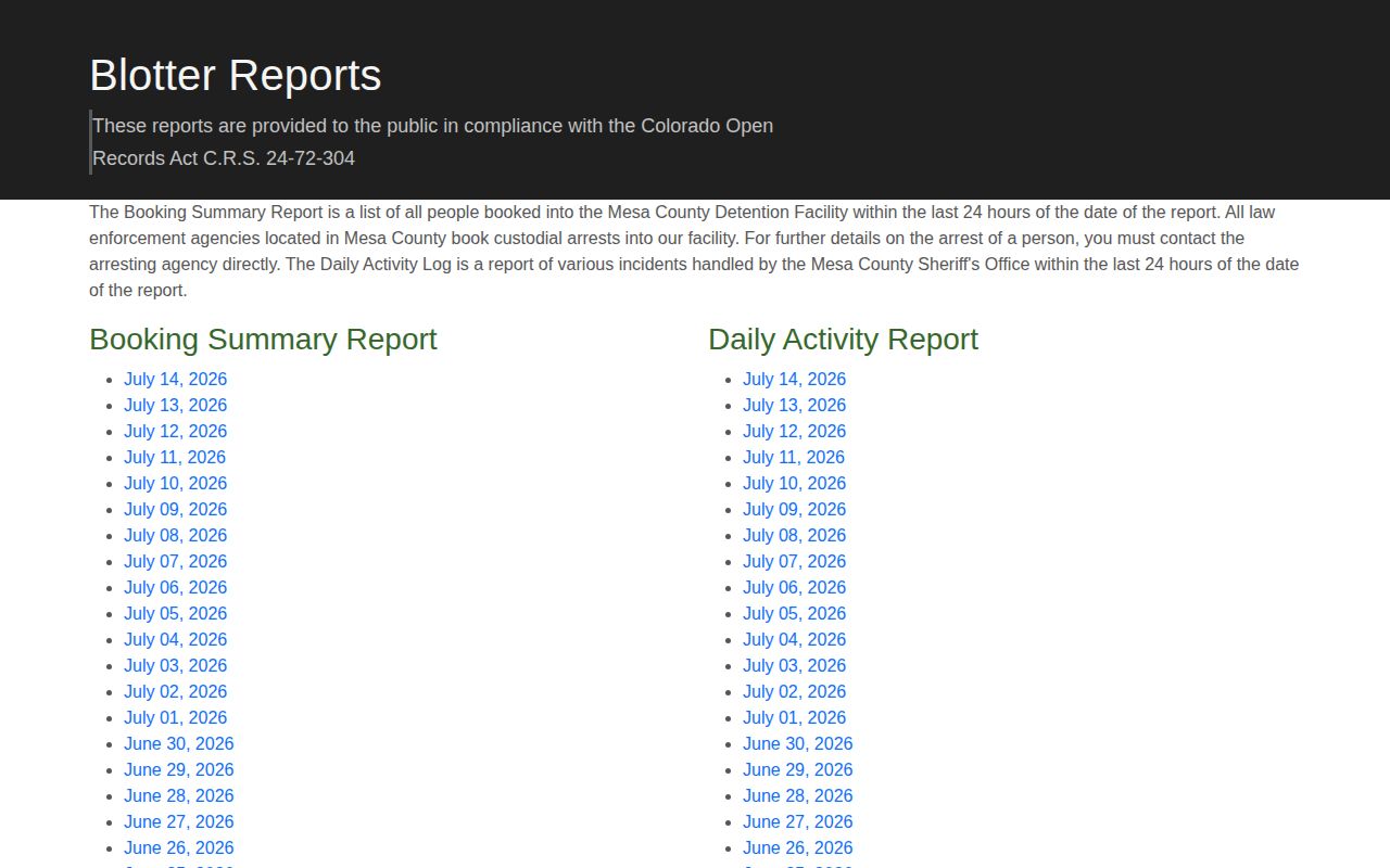 Mesa County release records blotter reports booking summary archive