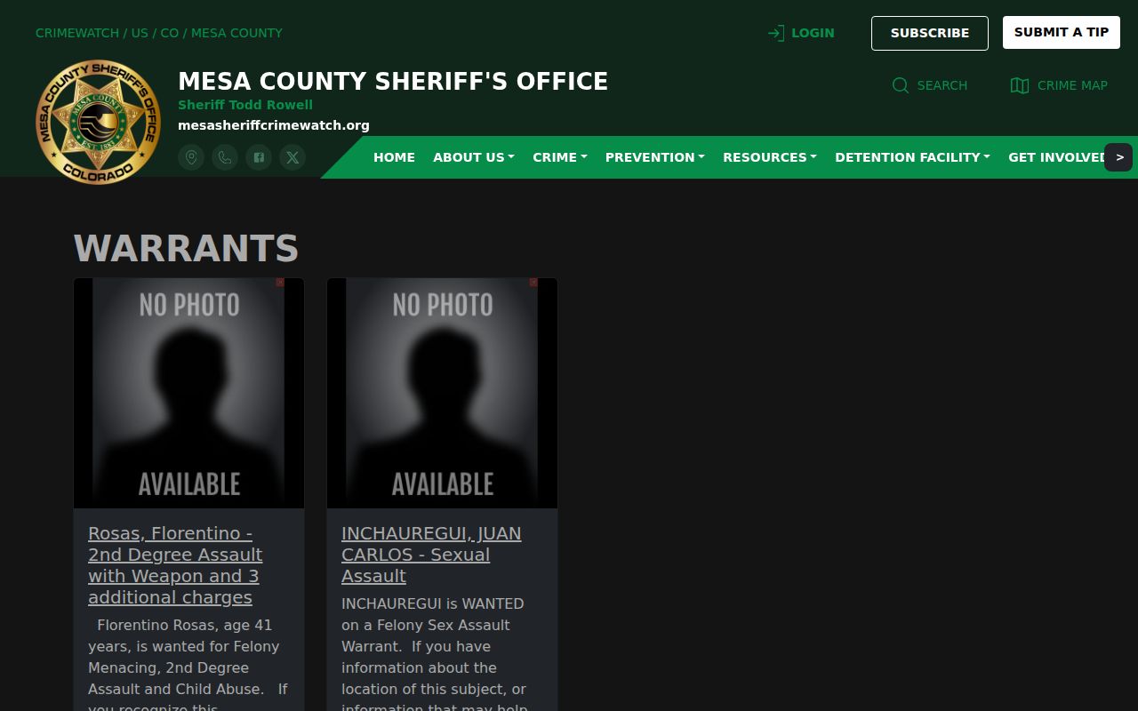Mesa County Sheriff's Office warrants page