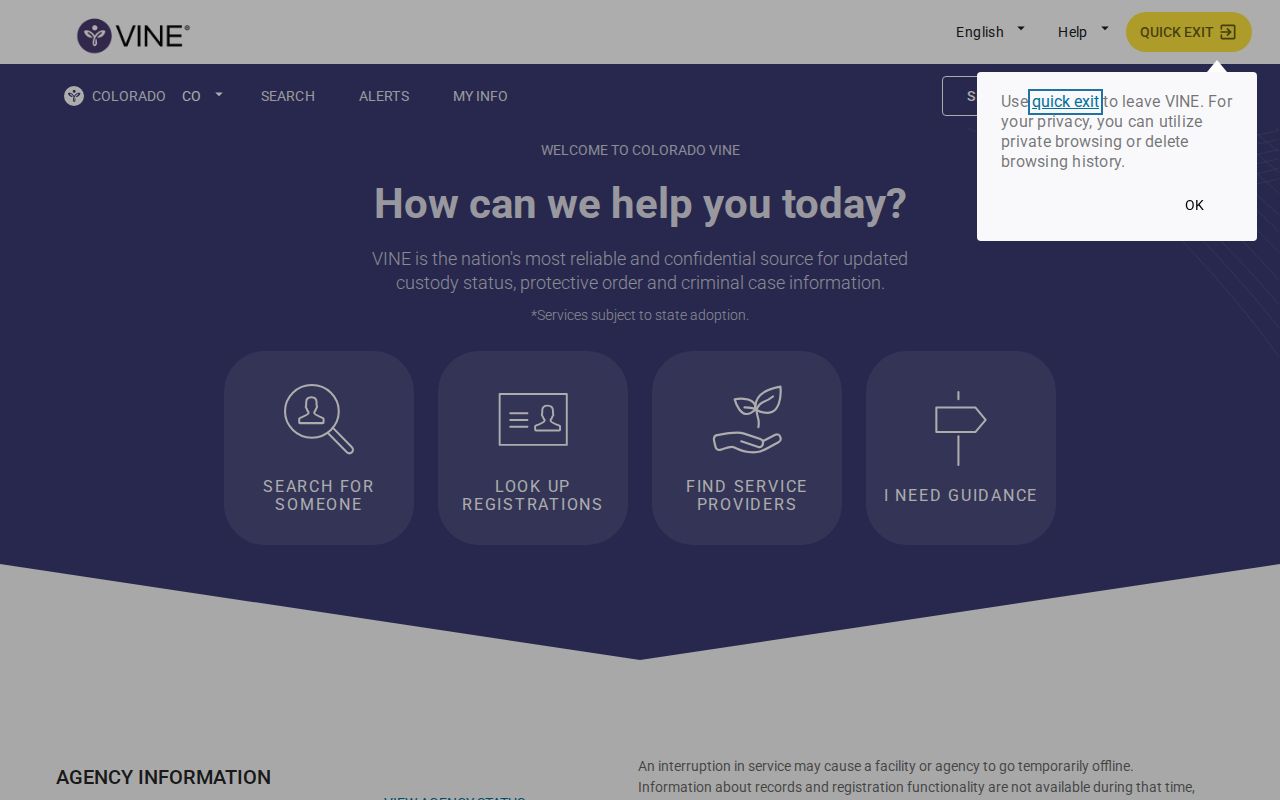 Colorado VINE entry screen